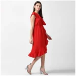 Generic Women's Polyester Ruffled Cap Sleeve Knee-Length Dress (Red) - Image 3