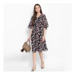 Generic Women's Polyester Floral Short Sleeve Knee-Length Dress (Black - Multicolor) - Image 6