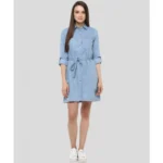 Generic Women's Denim Solid Long Sleeves Above Knee Dress (Blue) - Image 5