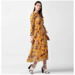 Generic Women's Polyester Floral Long Sleeves Calf-length Dress (Yellow) - Image 3