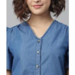 Generic Women's Denim Solid Flutter Above Knee Dress (Blue) - Image 2