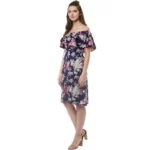 Generic Women's Polyester Crepe Floral Half Sleeve Above Knee Dress (Navy Blue) - Image 3