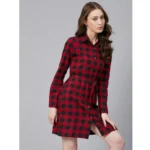 Generic Women's Cotton Checkered Long Sleeves Above Knee Dress (Red - Black) - Image 3