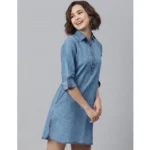 Generic Women's Denim Solid Long Sleeves Above Knee Dress (Ice Blue) - Image 3