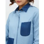 Generic Women's Denim Patch Work Long Sleeves Standard Length Shirt (Blue) - Image 2