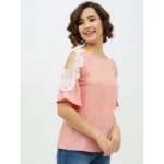 Generic Women's Polyester Lace Inserts Cold Shoulder Top (Pink) - Image 4