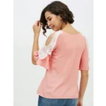 Generic Women's Polyester Lace Inserts Cold Shoulder Top (Pink) - Image 7