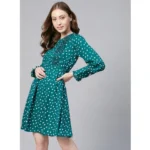 Generic Women's Polyester Polka Long Sleeves Above Knee Dress (Green - White) - Image 4