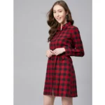 Generic Women's Cotton Checkered Long Sleeves Above Knee Dress (Red - Black) - Image 4