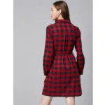Generic Women's Cotton Checkered Long Sleeves Above Knee Dress (Red - Black) - Image 7