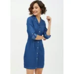 Generic Women's Denim Solid Long Sleeves Above Knee Dress (Blue) - Image 4