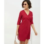 Generic Women's Cotton Wrap 3-4th Sleeves Above Knee Dress (Maroon) - Image 6