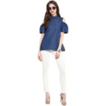 Generic Women's Denim Solid Cold Shoulder Regular Top (Blue) - Image 6