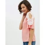 Generic Women's Polyester Lace Inserts Cold Shoulder Top (Pink) - Image 3