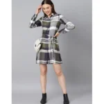 Generic Women's Cotton Checkered Long Sleeves Above Knee Dress (Olive - White) - Image 6