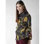 Generic Women's Satin Printed Long Sleeves Standard Length Shirt (Black - Gold) - Image 3