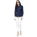 Generic Women's Denim Patch Work Long Sleeves Standard Length Shirt (Blue) - Image 6