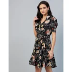 Generic Women's Polyester Floral Short Sleeve Above Knee Dress (Black) - Image 4
