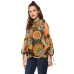 Generic Women's Polyester Floral Balloon Sleeve Top (Mustard - Olive) - Image 3
