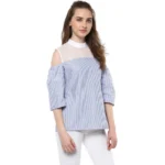 Generic Women's Cotton Striped Cold Shoulder Top (Blue) - Image 4