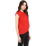 Generic Women's Cotton Lace Embellished Cap Sleeve Regular Top (Red) - Image 4