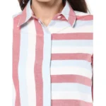 Generic Women's Cotton Striped Roll Up Sleeve Regular Top (Red) - Image 2