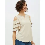Generic Women's Polyester Tiered Cold Shoulder Top (Beige) - Image 4