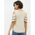 Generic Women's Polyester Tiered Cold Shoulder Top (Beige) - Image 7