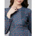Generic Women's Polyester Polka Long Sleeves Above Knee Dress (Grey - Coral) - Image 2