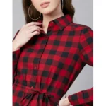 Generic Women's Cotton Checkered Long Sleeves Above Knee Dress (Red - Black) - Image 2