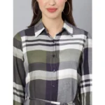 Generic Women's Cotton Checkered Long Sleeves Above Knee Dress (Olive - White) - Image 2