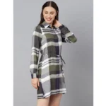 Generic Women's Cotton Checkered Long Sleeves Above Knee Dress (Olive - White) - Image 3