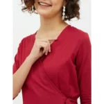 Generic Women's Cotton Wrap 3-4th Sleeves Above Knee Dress (Maroon) - Image 2