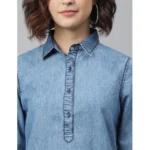 Generic Women's Denim Solid Long Sleeves Above Knee Dress (Ice Blue) - Image 2