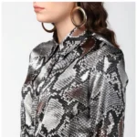 Generic Women's Satin Animal Print Long Sleeves Standard Length Shirt (Black - Grey) - Image 2