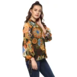 Generic Women's Polyester Floral Balloon Sleeve Top (Mustard - Olive) - Image 4