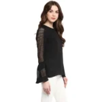 Generic Women's Polyester Georgette Self Design Bell Sleeve Regular Top (Black) - Image 4