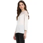 Generic Women's Polyester Georgette Self Design 3-4th Sleeves Regular Top (White) - Image 3