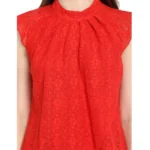 Generic Women's Cotton Lace Embellished Cap Sleeve Regular Top (Red) - Image 2