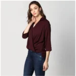 Generic Women's Polyester Solid 3-4th Sleeves Top (Maroon) - Image 3