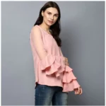 Generic Women's Polyester Solid Tier Sleeve Top (Pink) - Image 4