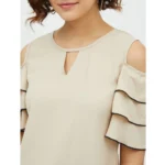 Generic Women's Polyester Tiered Cold Shoulder Top (Beige) - Image 2