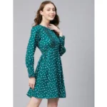 Generic Women's Polyester Polka Long Sleeves Above Knee Dress (Green - White) - Image 3