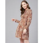 Generic Women's Polyester Floral Long Sleeves Above Knee Dress (Rust) - Image 4