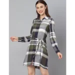 Generic Women's Cotton Checkered Long Sleeves Above Knee Dress (Olive - White) - Image 4