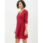 Generic Women's Cotton Wrap 3-4th Sleeves Above Knee Dress (Maroon) - Image 3