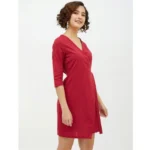 Generic Women's Cotton Wrap 3-4th Sleeves Above Knee Dress (Maroon) - Image 4