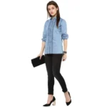 Generic Women's Denim Solid 3-4th Sleeves Standard Length Shirt (Blue) - Image 6
