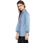 Generic Women's Denim Solid 3-4th Sleeves Standard Length Shirt (Blue) - Image 3