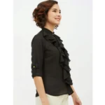 Generic Women's Polyester Ruffled Long Sleeves Standard Length Shirt (Black) - Image 4